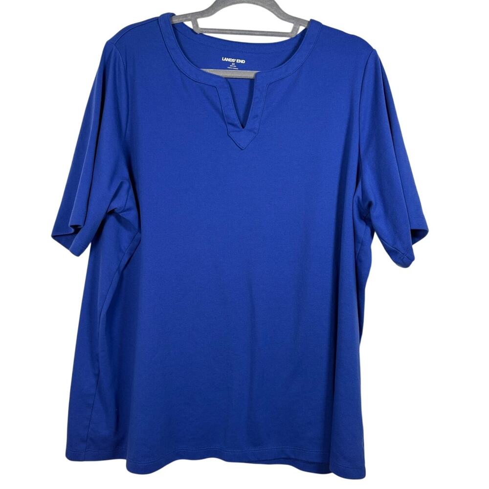 Lands End Supima Cotton Split V Neck Half Sleeve Tee T-Shirt Blue Top Plus 2X